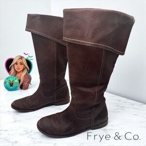 Frye Paige‎ Womens 9 Riding Brown Leather Knee High Fold Down Boots 77061-4003